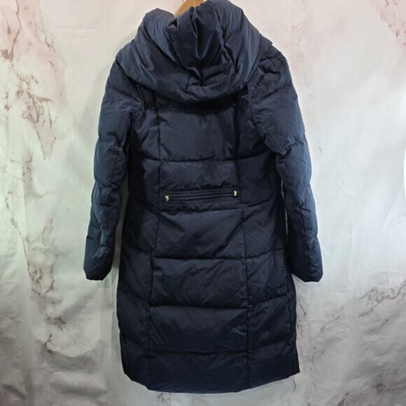 Cole Haan Down Puffer Jacket Womens Medium Blue Parka Coat Hood Long Navy - Picture 5 of 11
